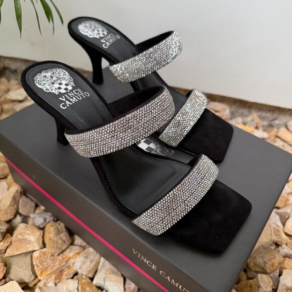 Vince Camuto Shoes - Vince Camuto Aslee Rhinestone Embellished Black & Silver Crystal Dress Sandals